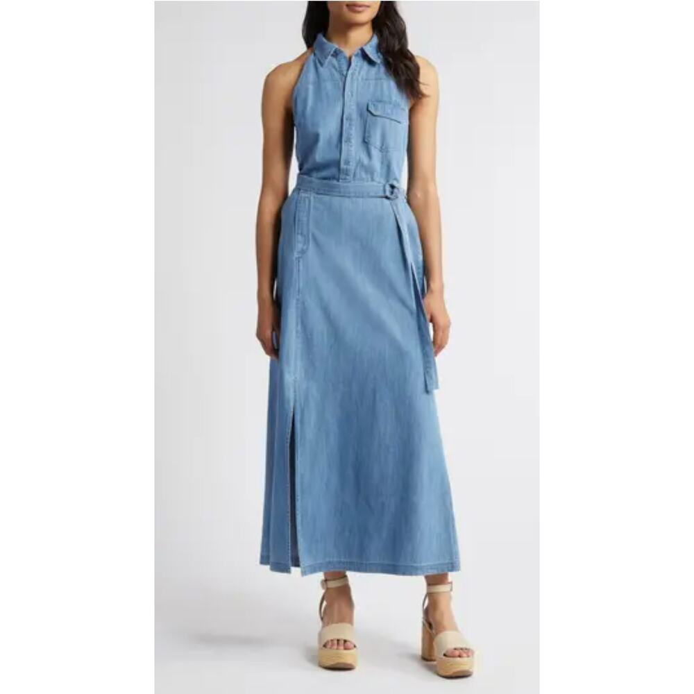 NWT Du Paradis Womens Denim Maxi Shirtdress Size L Boho Retro Hippie Western